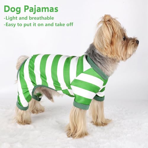 Dog Pajamas Pjs Stretchable Strip Dog Jumpsuit 4 Legs Pjs for Summer Dog Clothes Puppy Onesies Doggie Outfit (Green, Medium (Chest 15in)) - color: Green, size: Medium (Chest 15in )