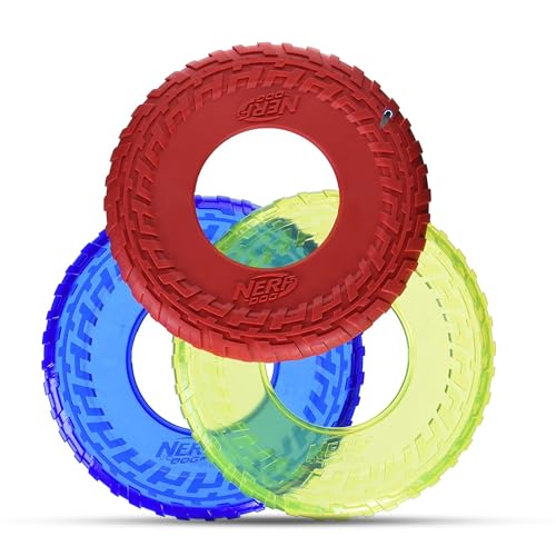 Nerf Dog Tire Flyer Dog Toy Gift Set, 10 Inch Flying Disc Dog Fetch Toys, Rubber Dog Toy for Medium Dogs and Large Dogs, Red, Translucent Green and Translucent Blue, 3 Count - color: Multicolor, size: 10 Inch (Pack of 3)