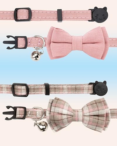 Cat Collar Breakaway Bowtie Safety with Bell Adjustbale Kitten Puppy Solid Plaid Color Set D-[2pcs] Pink-2 - color: D-[2pcs] Pink-2