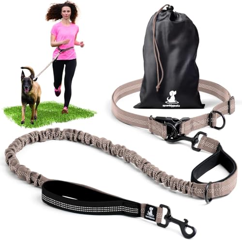 SparklyPets - Hands Free Dog Leash with Reflective Stitches - Waist Leash for Medium & Large Dogs Walking, Hiking, Training, Jogging, Canicross, Running - color: Brown, size: 1 dog M/L