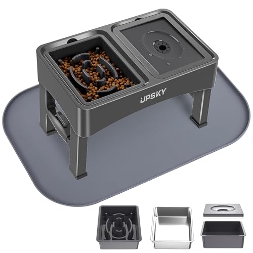 UPSKY 3-in-1 Elevated Dog Bowls with Mat, Large 24 x 16 Inches, 4 Height Adjustable Stand with Slow Feeder, Stainless Steel Bowl for Small to Medium Dogs, Grey - color: N-3 in 1 with Mat (Grey)