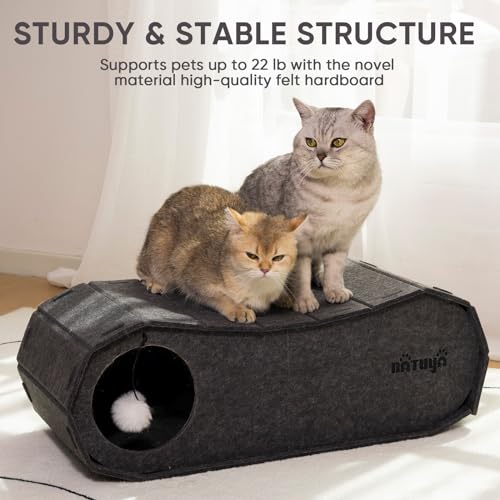NATUYA Cat Bed Cave for Indoor Cats, Large Cat Lounge Cave Bed with Toy Ball, Enclosed Scratch Resistant Detachable Felt Cat Hideaway Bed for Cats up to 22 Lbs