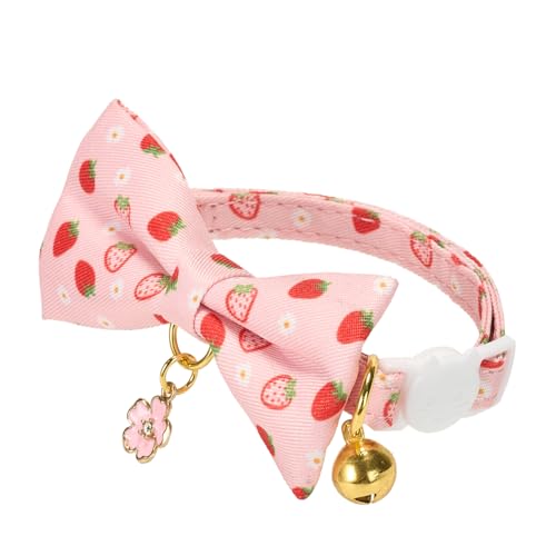 2 Pack Cat Collars, Removable Bowtie, Pink Heart Pattern, Safety Breakaway Clasp, Adjustable for Cats.(Adult Cat, Pink Strawberry and White Heart) - color: Pink+White