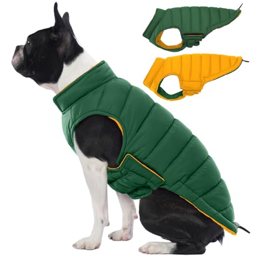 Lelepet Reversible Dog Coat Waterproof Dog Jacket Windproof Puffer Vest for Winter Warm Lightweight Coats for Small Dogs Adjustbale Hook & Loop Pet Apparel with Leash Hole, Pug, Green, M - color: Green, size: Medium