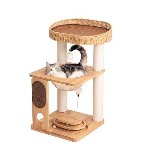 Wood Cat Tree for Large Cats, Modern Cat Tree Tower with Wide Shelves Cotton Scratching Posts, Super Sturdy Base, Cozy Perches, and Interactive Toys for Indoor Kittens 31-Inch - color: Nature S81