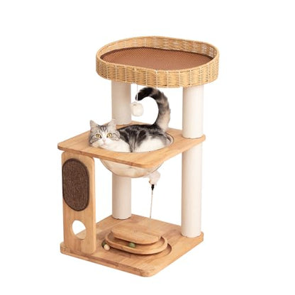 Wood Cat Tree for Large Cats, Modern Cat Tree Tower with Wide Shelves Cotton Scratching Posts, Super Sturdy Base, Cozy Perches, and Interactive Toys for Indoor Kittens 31-Inch - color: Nature S81