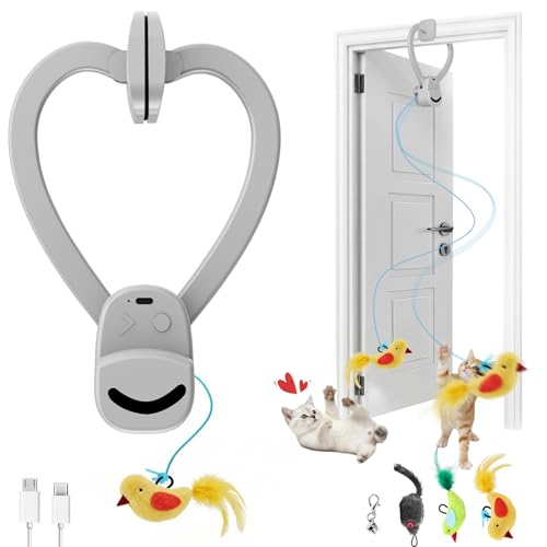 CATPICK Interactive Cat Toys for Indoor Cats - Automatic Flying Bird & Mouse Doorway Hanging Toy, USB Rechargeable Electric Kitten Toy for Hunting Instinct, Enrichment & Exercise, 2 Birds & 1 Mouse - color: Grey