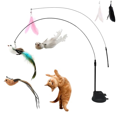 9PCS Suction Cup Cat Toy Set, Interactive Cat Toys for Indoor Cats with 2 Flexible Wands, Strong Suction Base and 3 Replacement Bird 3 Feather Toys with Bells for Kittens and Adults