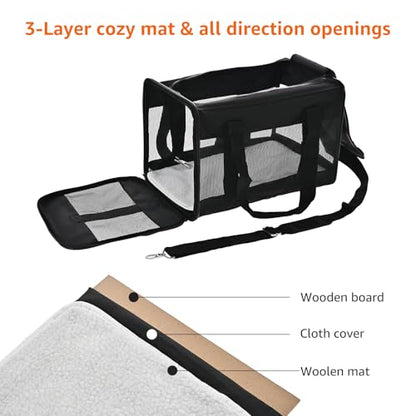 Amazon Basics Airline Approved Soft-Sided Mesh Pet Travel Carrier with Shoulder Strap, Portable, Washable Removable Fleece Pad for Dog, Cat, up to 16 pounds, 16.5" L x 10.6" W x 11" H, Black - size: 16.5"L x 11.0"W x 11.0"H