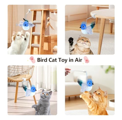 Migipaws Interactive Flapping Bird Cat Toys with Rod, clamp, Elastic String and Catnip, Automatic Chirping Toys for Indoor Cats to Chase, Hanging Feathers for Kitten to Self Play,Rechargeable(Blue) - color: Blue