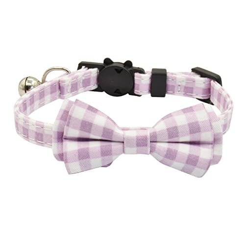 Bowtie Cat Collars Breakaway with Bell, Adjustable Cute Kitty Collars Safety Buckle Kitten Collar for Cat Puppy 7.5-11in (Purple Plaid) - color: Purple Plaid