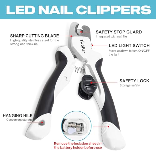 TwoEar Dog Nail Clippers with Light, Dog Nail Trimmers with Quick Sensor & Safety Guard, Razor Sharp Blade, LED Pet Nail Clippers/Dog Toenail Clippers for Medium Large Dogs, Black