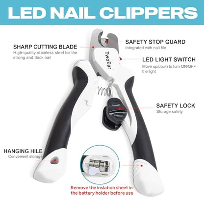 TwoEar Dog Nail Clippers with Light, Dog Nail Trimmers with Quick Sensor & Safety Guard, Razor Sharp Blade, LED Pet Nail Clippers/Dog Toenail Clippers for Medium Large Dogs, Black