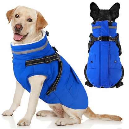 Dog Coat with Harness, Waterproof Warm Dog Winter Jacket with Pockets, Reflective Pet Fleece Jacket Turtleneck Snowsuit for Small Medium Large Dogs - Blue, XS - color: Blue, size: X-Small(Chest:13.3" Back:9.8" Neck:10.2")