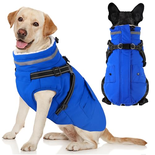 Dog Coat with Harness, Waterproof Warm Dog Winter Jacket with Pockets, Reflective Pet Fleece Jacket Turtleneck Snowsuit for Small Medium Large Dogs - Blue, 2XL - color: Blue, size: XX-Large( Chest:35.4" Back:23.6" Neck:23.6")