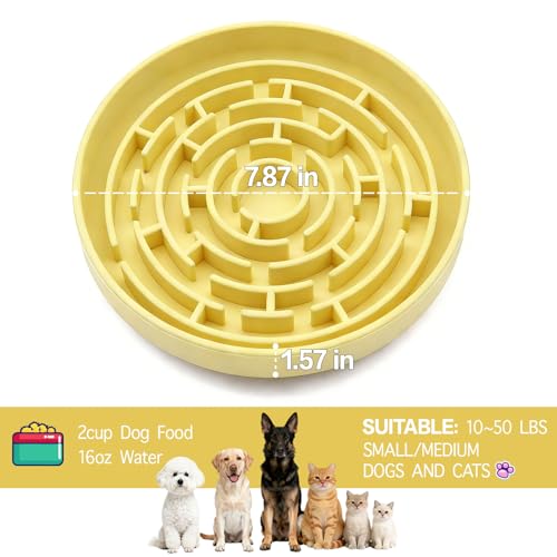 Silicone Slow Feeder Dog Bowls, with Non-Slip Suction Cups, Anti-Choking, Puppy Puzzle Bowl, Slows Down Eating Speed, Relieves Anxiety, Suitable for S&M Sized Dogs and Cats(Yellow - color: Yellow