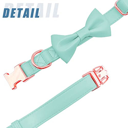 Soft Leather Bowtie Dog Collar - Adjustable Cute Bow Tie Collar [Easy to Clean] with Stylish Rose Gold Heavy Duty Metal Buckle for Small Medium Large Dogs Mint Green S - color: Mint Green, size: S(12.2"-16.9")