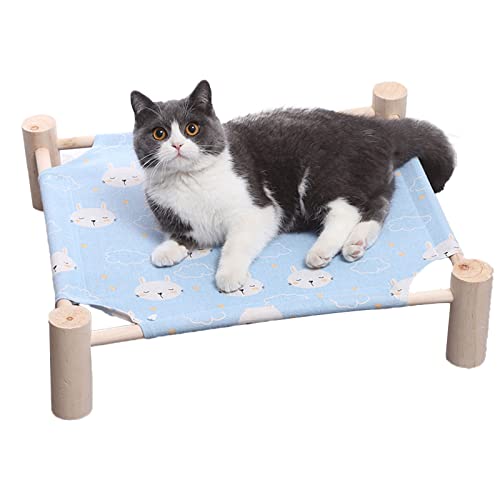 Cat & Dog Hammock Bed – Wooden Elevated Pet Cot with Breathable Mesh – Raised Cat Bed for Small Pets, Portable Puppy Bed Indoor & Outdoor Use – Blue Rabbit Design - color: Blue Rabbit