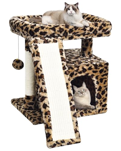 Small Leopard Print Cat Tree for Indoor Cats | Short Tower with Scratching Post, Ramp Pad, Condo with Perch Bed, Kittens Play House, Hanging Plush Ball & Cave for Resting (Leopard Print) - color: Leopard Print