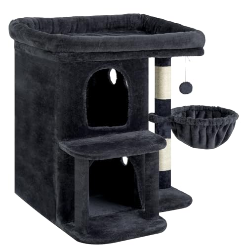 Heybly Cat Tree, 26.3-inch Cat Tower with Spacious Top Perch for Large Cats, Stair-Style Cat House Furniture with Dual-Layer Condos, Sisal Scratching Posts, Cozy Basket & Pompom, Smoky Gray HCT204SG - color: Smoky Gray, size: 26.3 inch