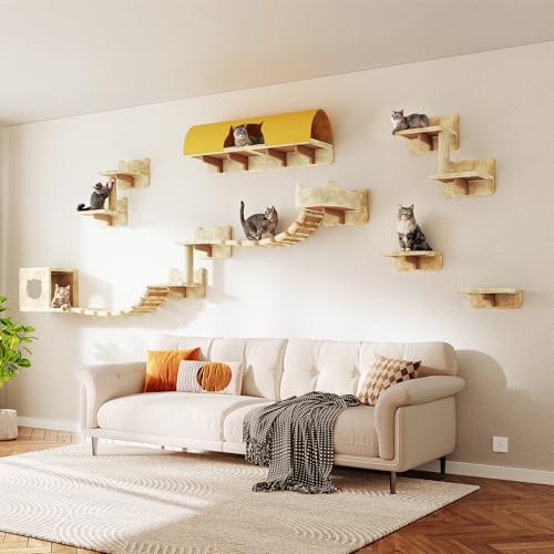 16-in-1 Cat Wall Shelves, Wall Mounted Cats Furniture Set w/Plush Fabric, Cat Climbing Wall Systems, Cats Shelf with 40''L Tunnel, Condos, House, Steps, Bridge Ladder & Scratching Post, Beige - color: Beige, size: 16-in-1