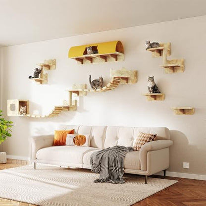 16-in-1 Cat Wall Shelves, Wall Mounted Cats Furniture Set w/Plush Fabric, Cat Climbing Wall Systems, Cats Shelf with 40''L Tunnel, Condos, House, Steps, Bridge Ladder & Scratching Post, Beige - color: Beige, size: 16-in-1