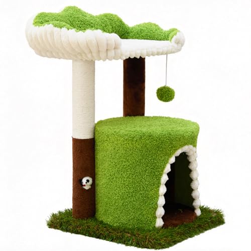 Woochpet Multi-Level Cat Tree with Sisal Scratching Post, Small Cat Tower with Cozy Condo, Soft Top Perch and Interactive Toy Mouse, Cute Forest Design Cat Furniture for Indoor Cats and Kittens