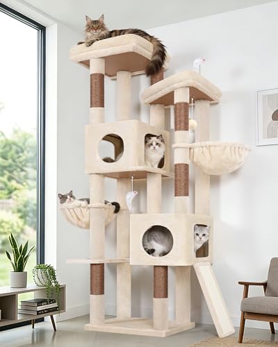 Globlazer 72in Heavy Duty Cat Tree Tower for Large Adult Cats, Multi-Level Cat Condo Stand with 2 Cozy Baskets & 6 Sisal Scratching Posts, S72E, Beige - color: Beige