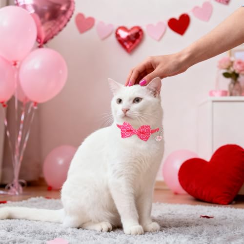 SCENEREAL Valentine's Day Cat Bandana Collars with Bell Bowtie - 2 Pack Breakaway Pink Kitten Collars, Adjustable Cute Love Heart Pet Accessories for Cats Small Dogs - color: Bandanas & Bow (Heart-Pink)