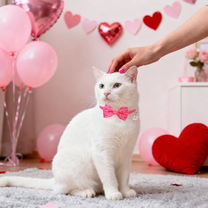 SCENEREAL Valentine's Day Cat Bandana Collars with Bell Bowtie - 2 Pack Breakaway Pink Kitten Collars, Adjustable Cute Love Heart Pet Accessories for Cats Small Dogs - color: Bandanas & Bow (Heart-Pink)