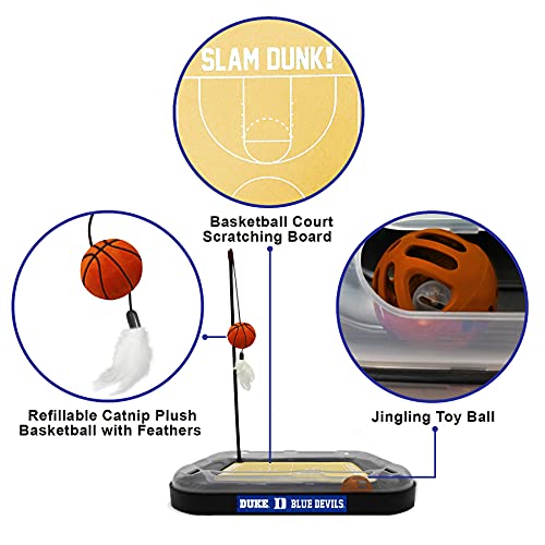 CATS SCRATCHER NCAA Duke University Basketball Court CAT Scratcher Toy with Catnip Filled Plush Basketball Toy & Feather Cat Toy Hanging, with Jingle Bell Interactive Ball Cat Chasing 5-in-1 Kitty Toy - color: Duke University
