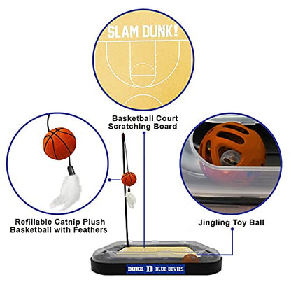 CATS SCRATCHER NCAA Duke University Basketball Court CAT Scratcher Toy with Catnip Filled Plush Basketball Toy & Feather Cat Toy Hanging, with Jingle Bell Interactive Ball Cat Chasing 5-in-1 Kitty Toy - color: Duke University