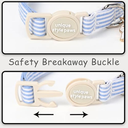 Unique style paws 2 Pack Spring Summer Kitten Collar Breakaway with Bell&Pendant, Adjustable Safety Blue Pink Stripe Cat Cotton Collar for Girl Boy Cat and Small Pet - color: Blue Pink Stripe