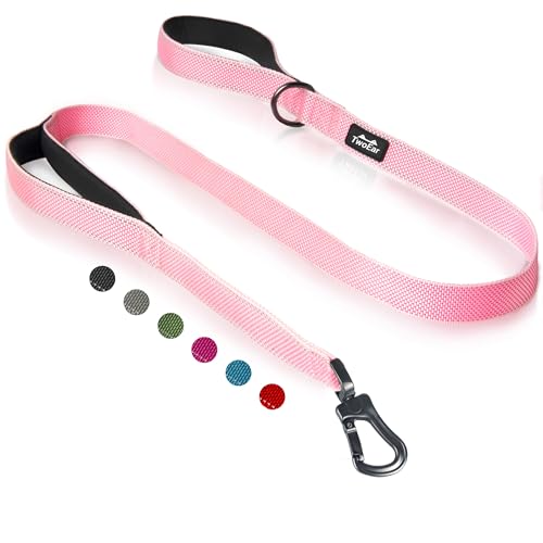 TwoEar 5FT 1IN Strong Pink Dog Leash with 2 Padded Handles, Traffic Handle Extra Control, Comfortable Soft Dual Handle, Auto Lock Hook, Reflective Walking Lead for Small Medium and Large Dogs - color: Pink, size: 1 in x 5 ft