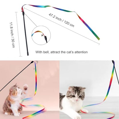 Cat Teaser Wand Set for Indoor Cats (13 Pack) - Retractable with Feather Refills, Interactive Toy to Boost Exercise & Relieve Boredom