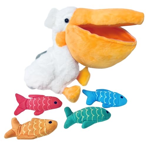 Off the Wall Toys Charlie & LEW Interactive Pelican & Fish Hide and Seek Toy - Crinkle Squeaky Fun for Small Breed Dogs & Cats, Durable & Engaging Fun and Bright Colors