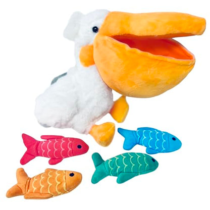 Off the Wall Toys Charlie & LEW Interactive Pelican & Fish Hide and Seek Toy - Crinkle Squeaky Fun for Small Breed Dogs & Cats, Durable & Engaging Fun and Bright Colors