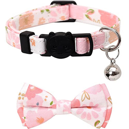 2 Pack/Set Cat Collar Breakaway with Cute Bow Tie and Bell Plaid Flower for Kitty Adjustable Safety - color: Pink