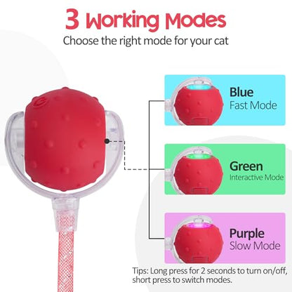Interactive Cat Toys Ball for Indoor Cats, 2025 New Generation Automatic Moving Ball Toy with Elastic Mesh Tail, Chirping & Obstacle Avoidance and Motion Activated, Red【Rechargeable】 - color: Red