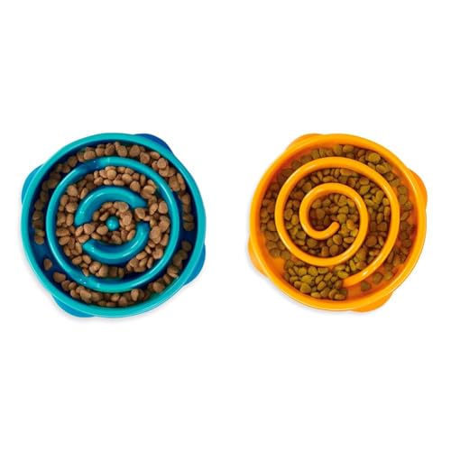 Outward Hound Fun Feeder Dog Bowls, Slow Feeders for Dogs, Medium/Mini, Turquoise and Orange