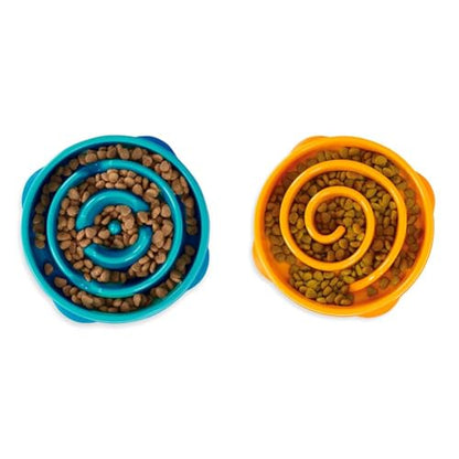 Outward Hound Fun Feeder Dog Bowls, Slow Feeders for Dogs, Medium/Mini, Turquoise and Orange