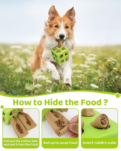 Interactive Puzzle Dog Toy Encourage Natural Foraging Skill, Durable Dog Enrichment Toy Snuffle Cube Cloth Strip with Hide & Seek Food, Slow Feeder for Mind Stimulate & Stress Relief (Green)