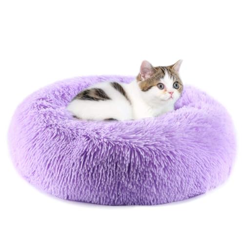 Purrfect Cat Beds - Washable 20 inches, Anti-Anxiety Round Plush Faux Fur, Thick Bottom (Purple, Medium) - Suitable for Indoor Cats & Small/Medium Dogs - color: Purple, size: Medium