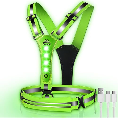 Topward LED Reflective Vest Running Gear, USB-C Rechargeable, Light Up Lights for Night Dog Walking Cycling, Running Phone Holder Vest for Runners, High Visibility with Adjustable Waist/Shoulder - color: green