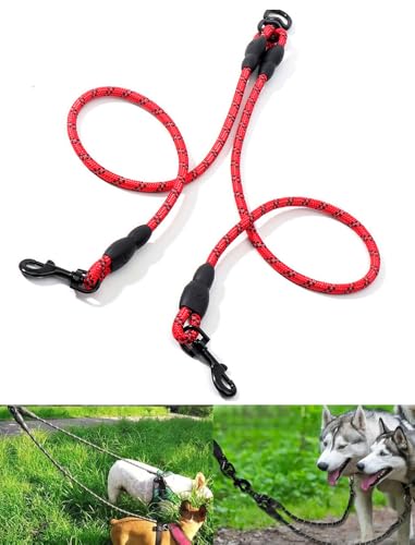 Reflective Dual Dog Leash - Tangle-Free 360° Swivel & Shock-Absorbing Bungee,Dual Strong Pet Lead Splitter,Red - color: Red