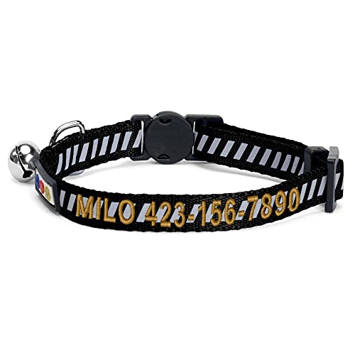 Pawtitas Personalized Black Reflective Cat Collar – Adjustable Custom Collar with Safety Buckle, Removable Bell, and Engraved Name & Phone Number for Kittens and Adult Cats - color: Personalized Black