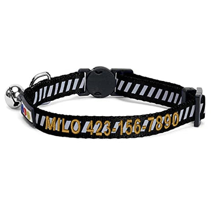 Pawtitas Personalized Black Reflective Cat Collar – Adjustable Custom Collar with Safety Buckle, Removable Bell, and Engraved Name & Phone Number for Kittens and Adult Cats - color: Personalized Black