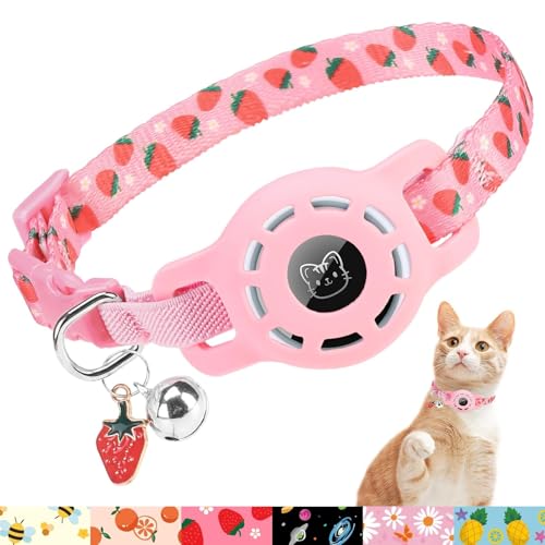 BINGPET AirTag Cat Collar with Bells, Upgraded Safety Elastic Cat Collar with Airtag Cat Collar Holder, Anti-Lost Cat Collars for Girl Boy Cats, Anti-Suffocation Kitty Puppy Collars - color: Strawberry