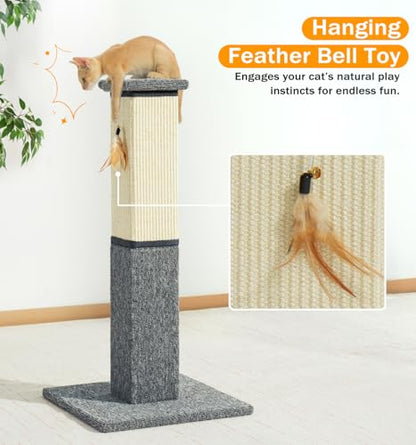 Made4Pets Cat Scratching Post, 32 Inch Natural Sisal & Carpet Covered Cat Scratcher with Kitten Toy, Dual-Material Tall Scratching Post for Indoor Cats Adults and Kittens, Beige - color: Grey-Sisal & Carpet