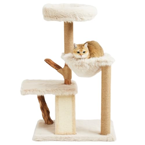 Letkind 38" Modern Cat Tree Tower for Large Indoor Cats, Perches-Natural Solid Wood Cat Tower with Sisal Scratching Post, Perches, Basket & Scratching Post, Aesthetic Boho Cat Furniture - size: 38" Wood Cat tree